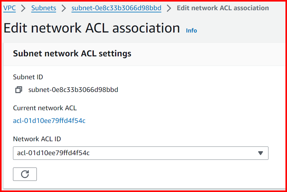 Picture showing the Edit network ACL association screen for selecting the different VPC
